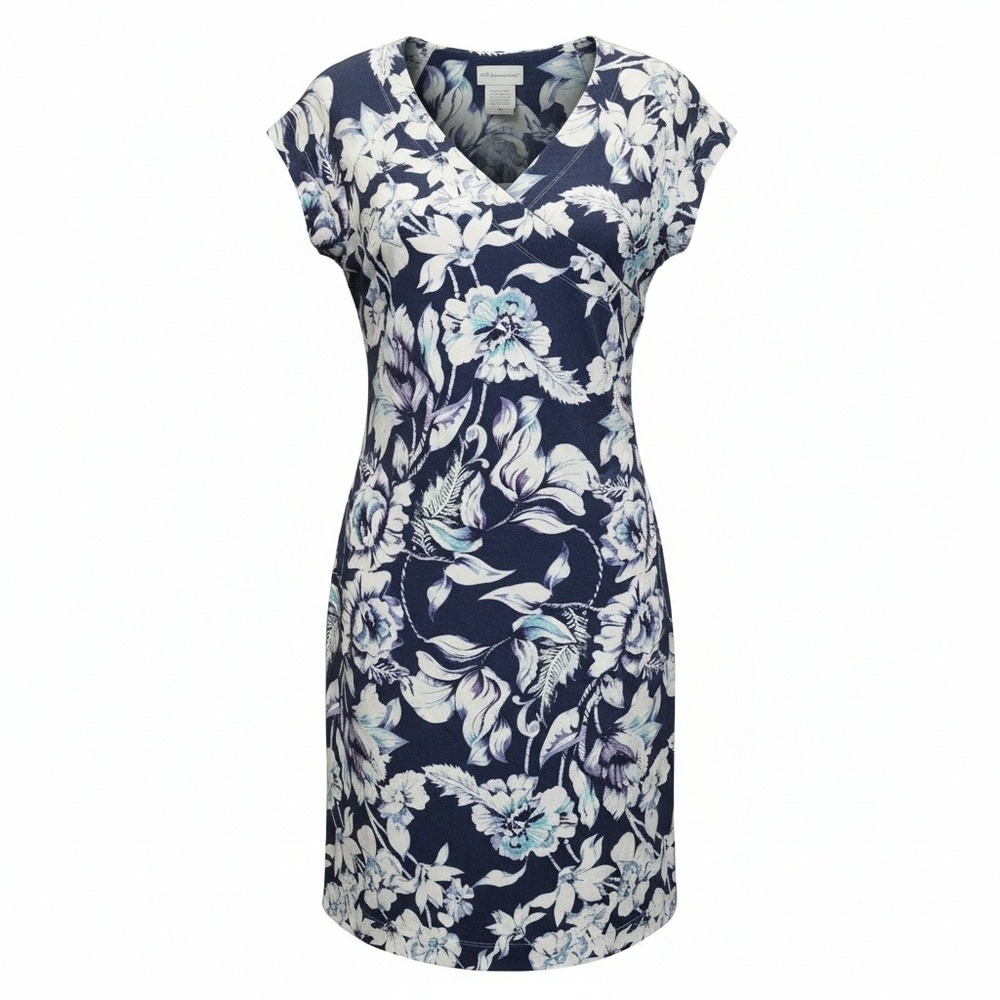 Soft Surroundings Women's M Faux Wrap Dress Navy Blue Floral V-Neck Cap Slv Knee